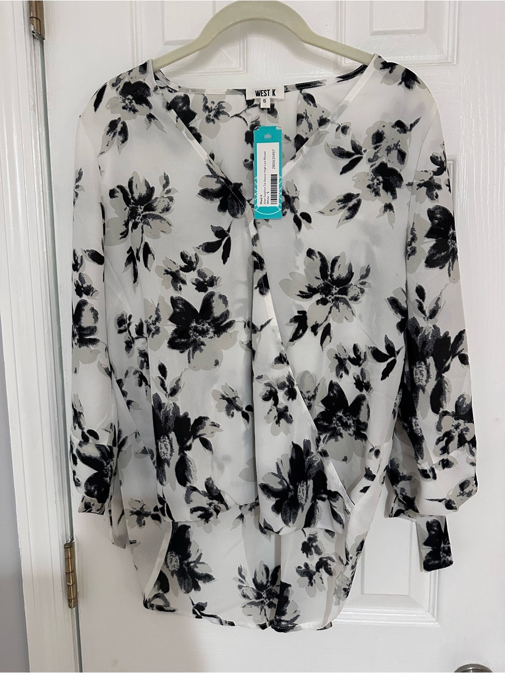 West K Black & White Floral Wrap-Front Blouse